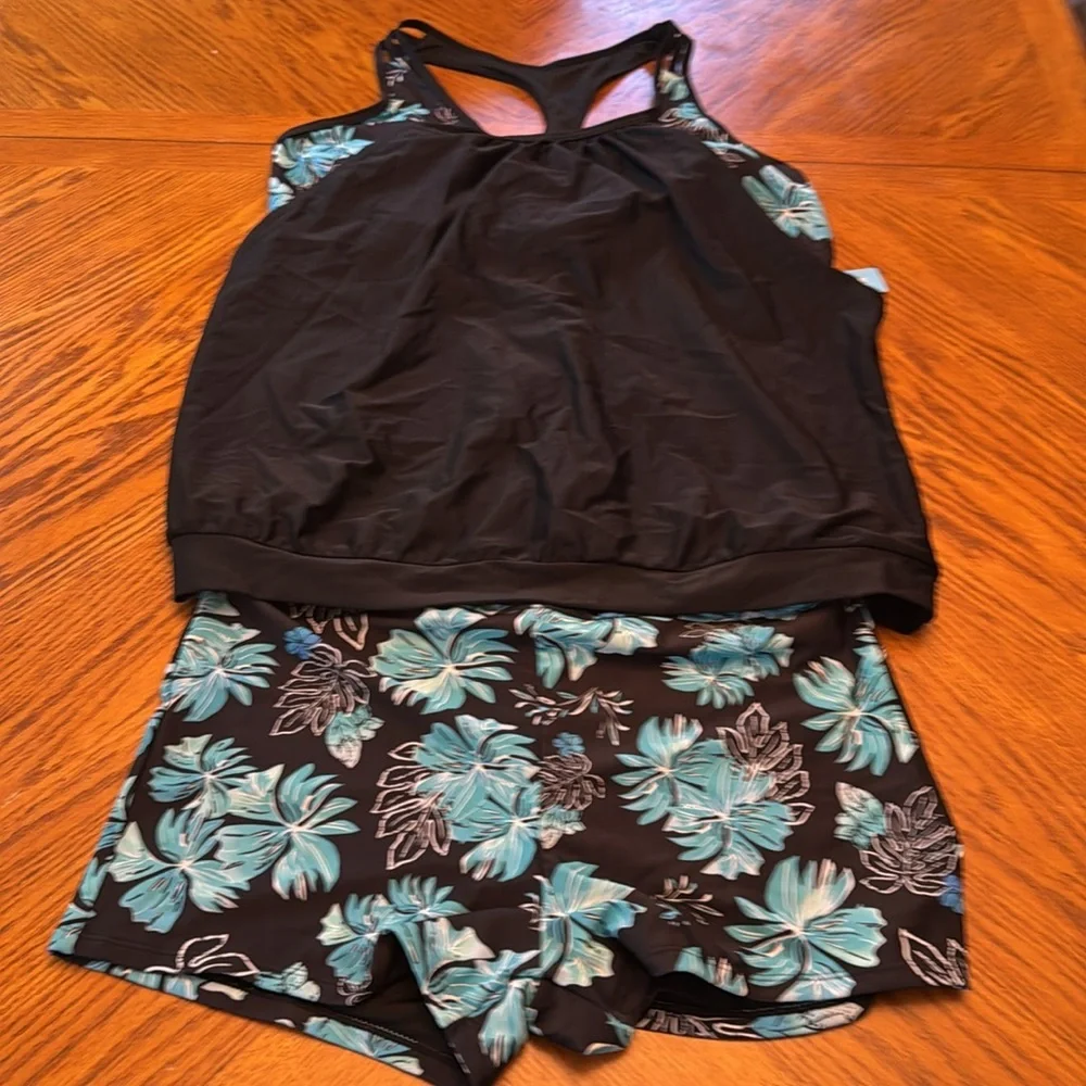 Black Tankini Top with Blue Floral Accent Swim Set for Women